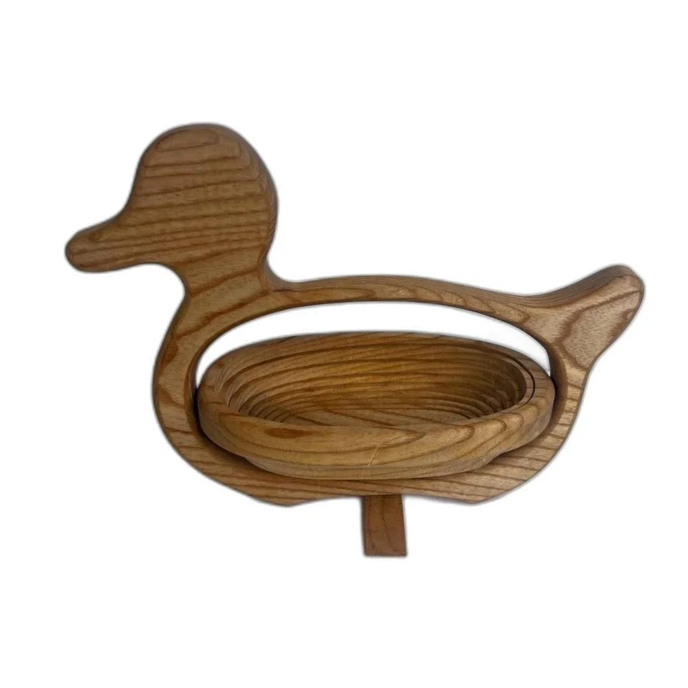 Duck Handcrafted Collapsible Wooden Basket Bread Fruit Bowl Decor Farmhouse